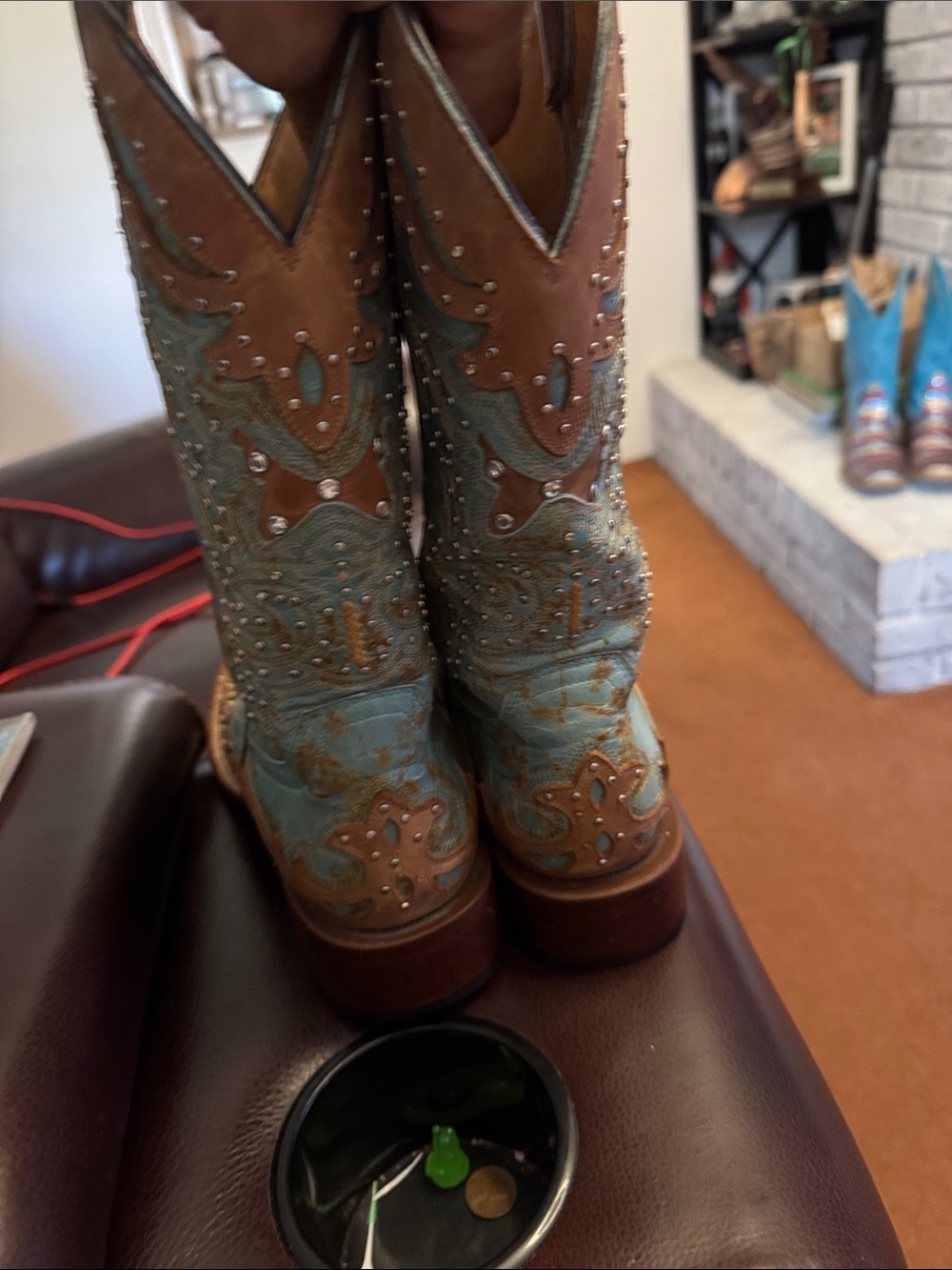 Women’s Turquoise and Tan Embellished  Western Boots - Picture 3 of 6